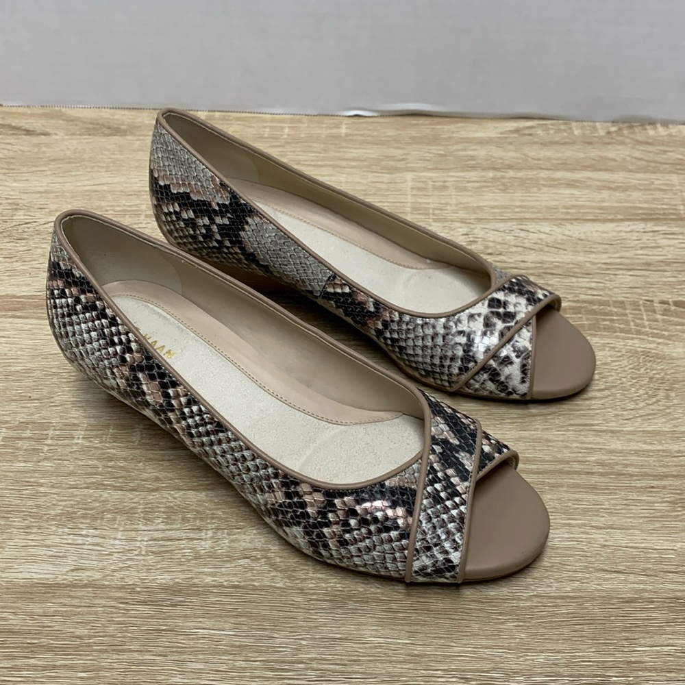 Cole Haan Python Print Leather Open Toe Wedge - 8 B